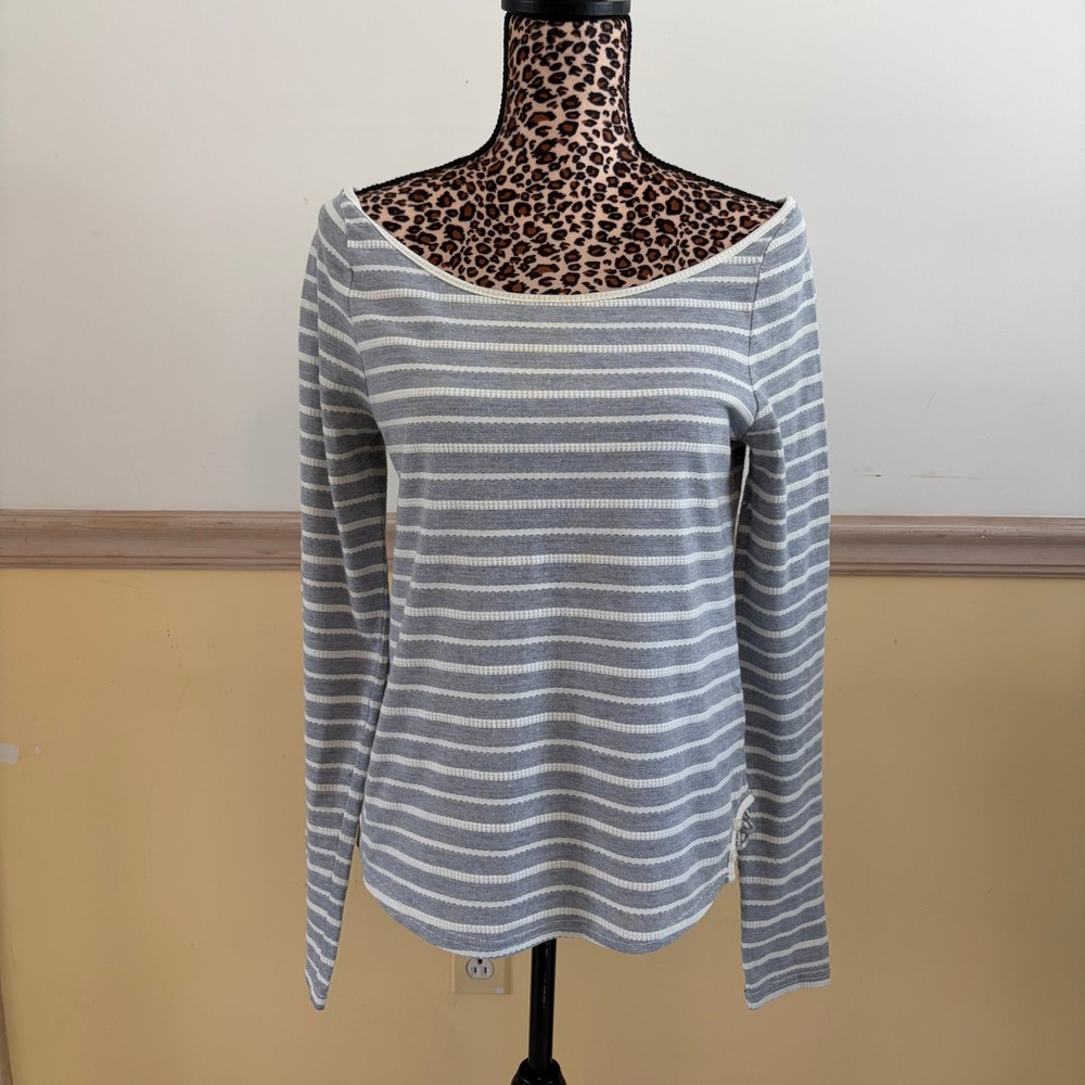 Anthropologie 9-H15 S'CL Navy White Stripe Boat Neck Long Sleeve Top Keyhole Med